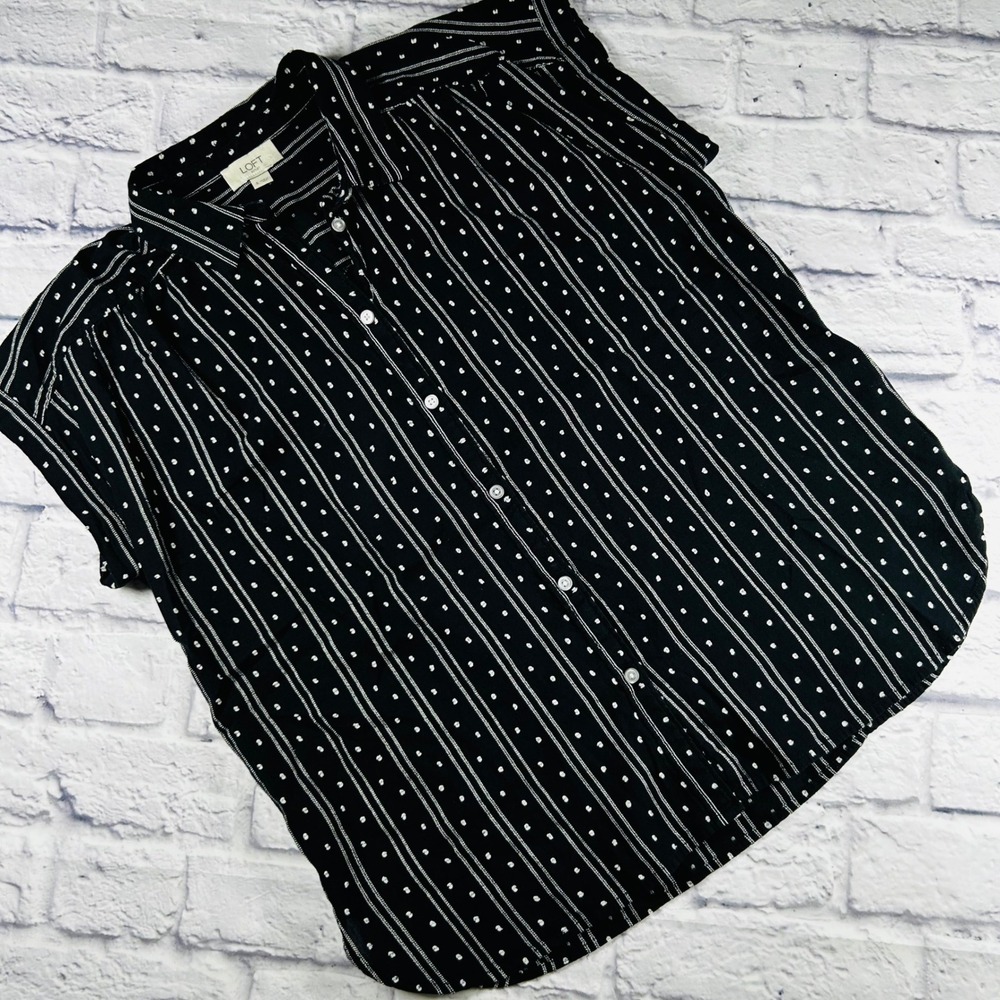 Loft Outlet Women Sleeveless Button Down Blouse Navy Blue White Polka Dot Stripe